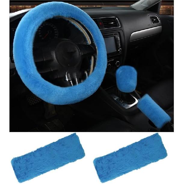5 PCS Fluffy Steering Wheel Covers Set, Faux Wool Steering Wheel Cover & Handbrake Cover & Gear Shift Cover & 2 Seat Belt Shoulder Pads, Universal