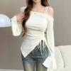 Cotton Off-the-shoulder Long-sleeved T-shirt Women's Spring and Autumn Korean Version Irregular Slim-fitting and Thin Sweet and Spicy Bottoming Shirt