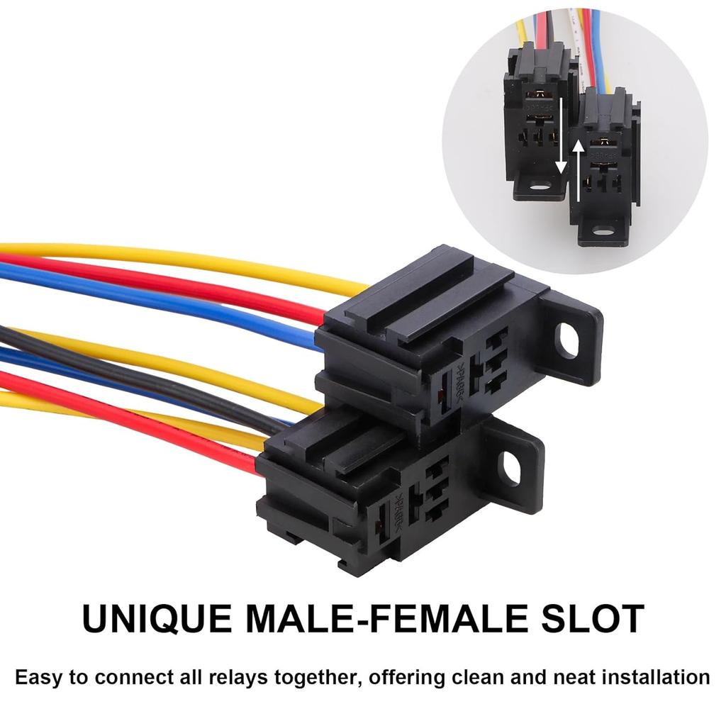 5 Pack Heavy Duty Standard Relay, 12V 30A, SPST 4Pin, with Wire Socket Plug Harness, Multi-Purpose Replacement Automotive Relay (5)