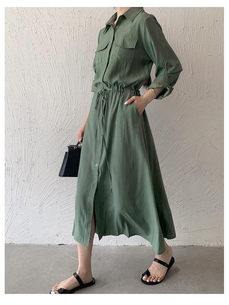 Japanese Style 2026 Autumn Women's Casual Long Sleeve Drawstring Shirt Dress with Pockets