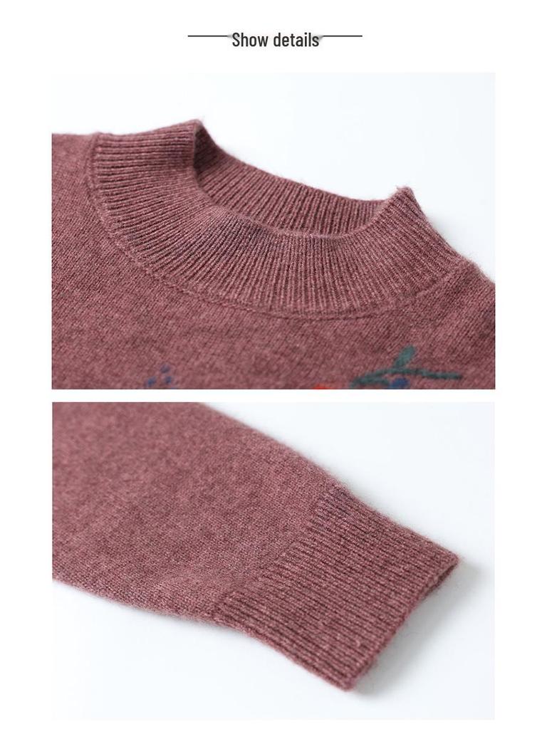High-Grade Wool Sweater: Semi-High Collar, Fashionable Embroidery, Thick Knit for Middle-Aged/Elderly Women, Winter Warmth.