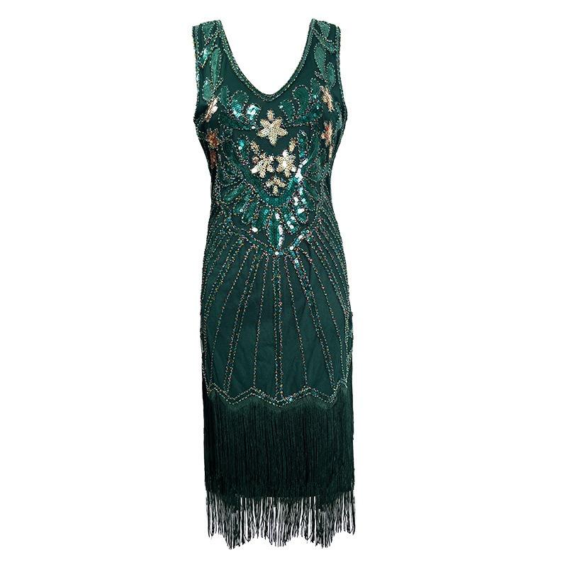 Vintage V-neck sequined fringed dress, evening dress, Gatsby dinner dress, stage performance dress.