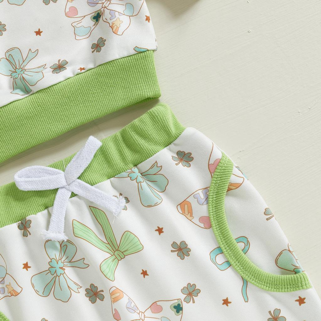 Toddler Girl Irish Outfits Bow Clover Print Crew Neck Long Sleeve Tops Long Pants Headband 3Pcs Clothes Set
