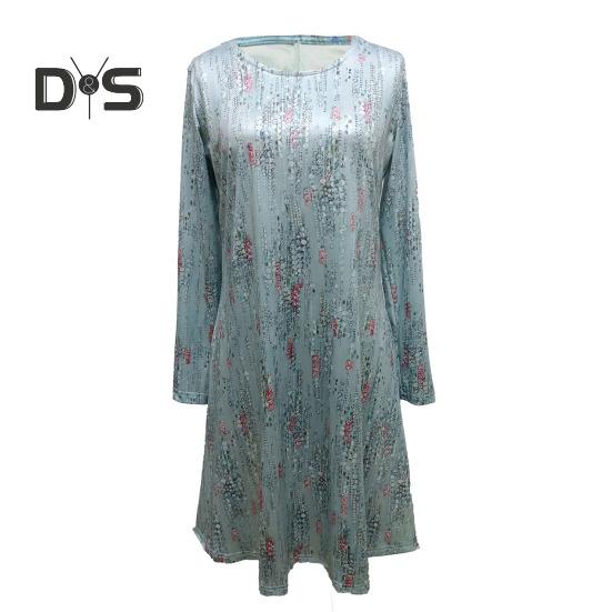 Sommerkleid für Damen, Rundhalsausschnitt, knielang, Blumendruck, A-Linie, lange Ärmel, Pullover, lässig, für den Alltag, langes Kleid zum Pendeln