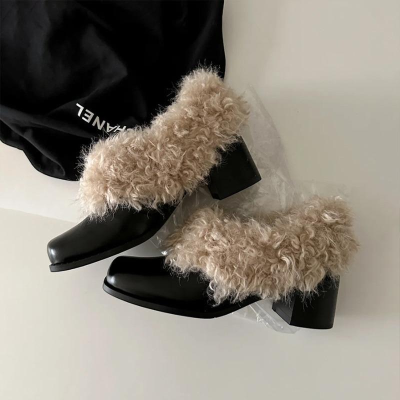 Cowhide version high-heeled fluffy shoes women's velvet warm square head single shoes one pedal thick heel small leather shoes cotton shoes