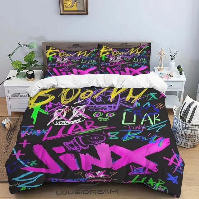 Kreslený Jinx Arcane: Ložní souprava League of Legends s postelí King, dvěma oddělenými postelemi, dětská 3dílná sada povlečení na peřinu z mikrovlákna nebo polyesteru