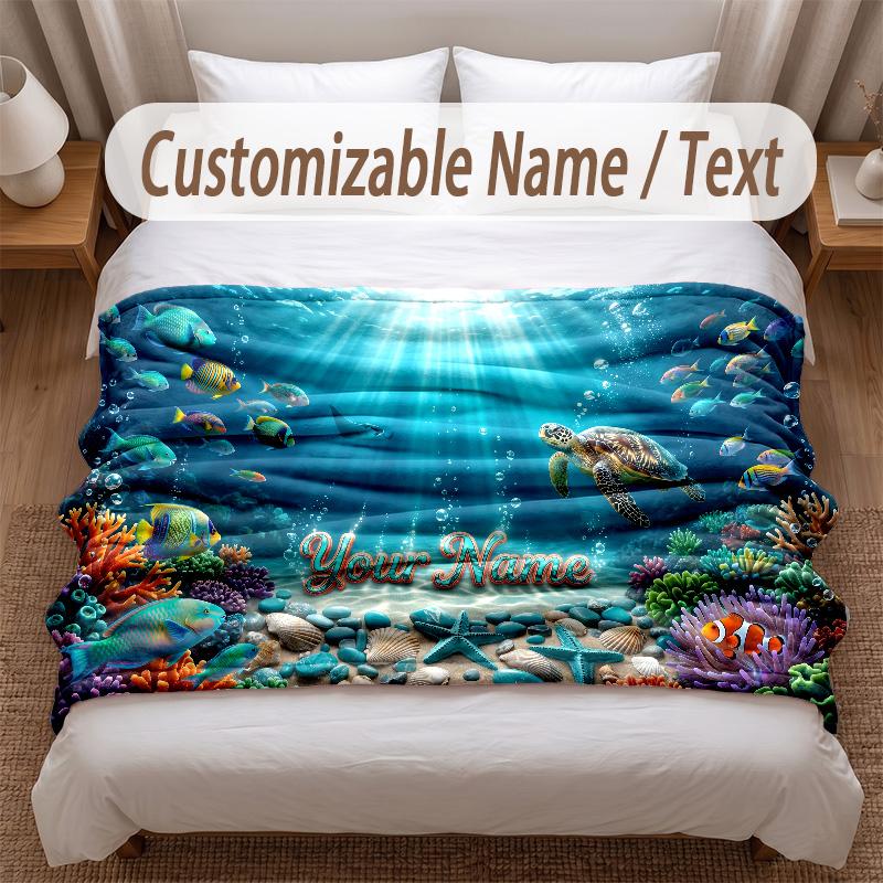 Fish Ocean Theme Soft Blanket Personalized Custom Name Text Print Warm Blanket Home Sofa Bedroom Decor