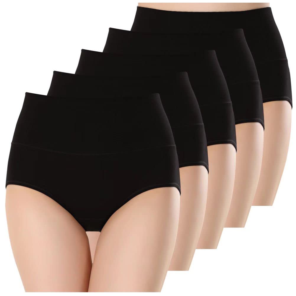 HINICE Floral Comfortable Comfortable Deep Women's High-Waisted Panties, 100% Cotton, Print, Fit, Fit, Hip-Hugging, Fit, 5-Pack (L, Black)