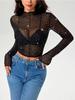 Spring and Summer Women's Small Standing Collar Long-sleeved Mesh Transparent Sequins Decorated T-shirt Tops for Women Versatile Fashion Shirt