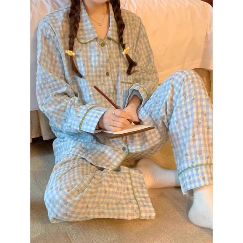 Women's Pajamas New Autumn Spring Long Sleeve Soft Sleepwear Set Grid Cartoon Pyjama Woman Home Nightwear Set Cardigan