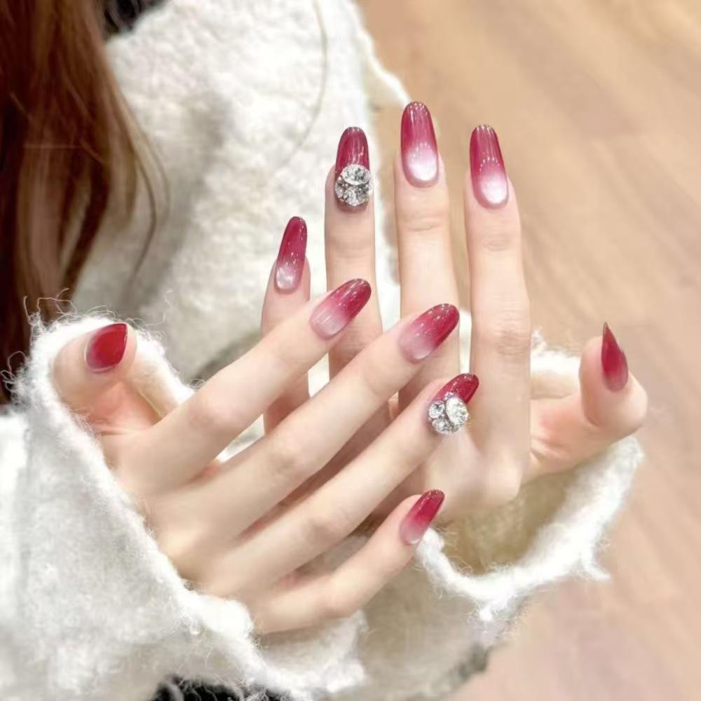 Retro Berry Red Cat Eye Glass Bead Nail Tips