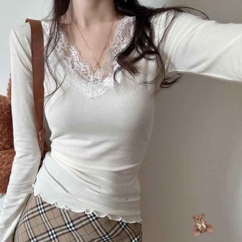 

Women s Plus Size White Lace Trim Thermal Fleece Top for Autumn/Winter XL білий
