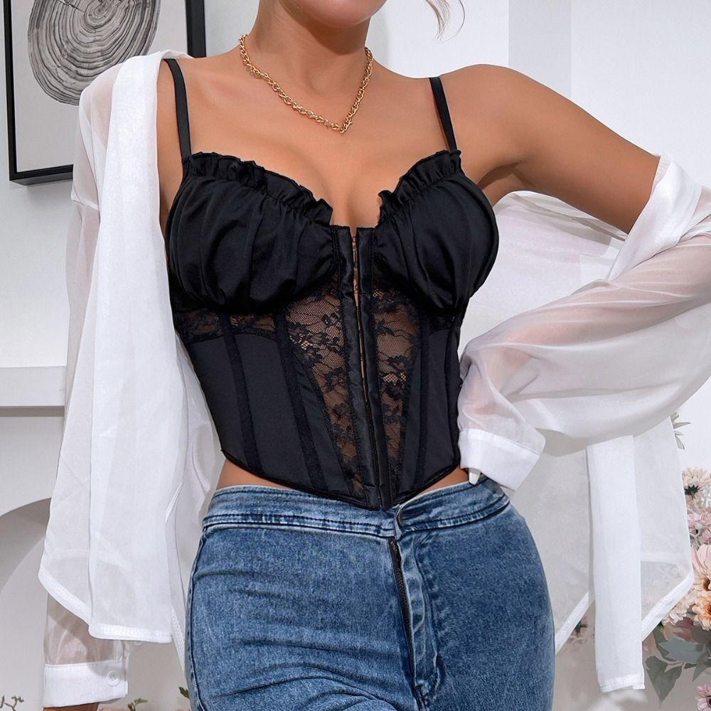 Ruffle Lace Corset Mesh Hollow Suspender Vest Fashion Slim Crop Tops Ladies
