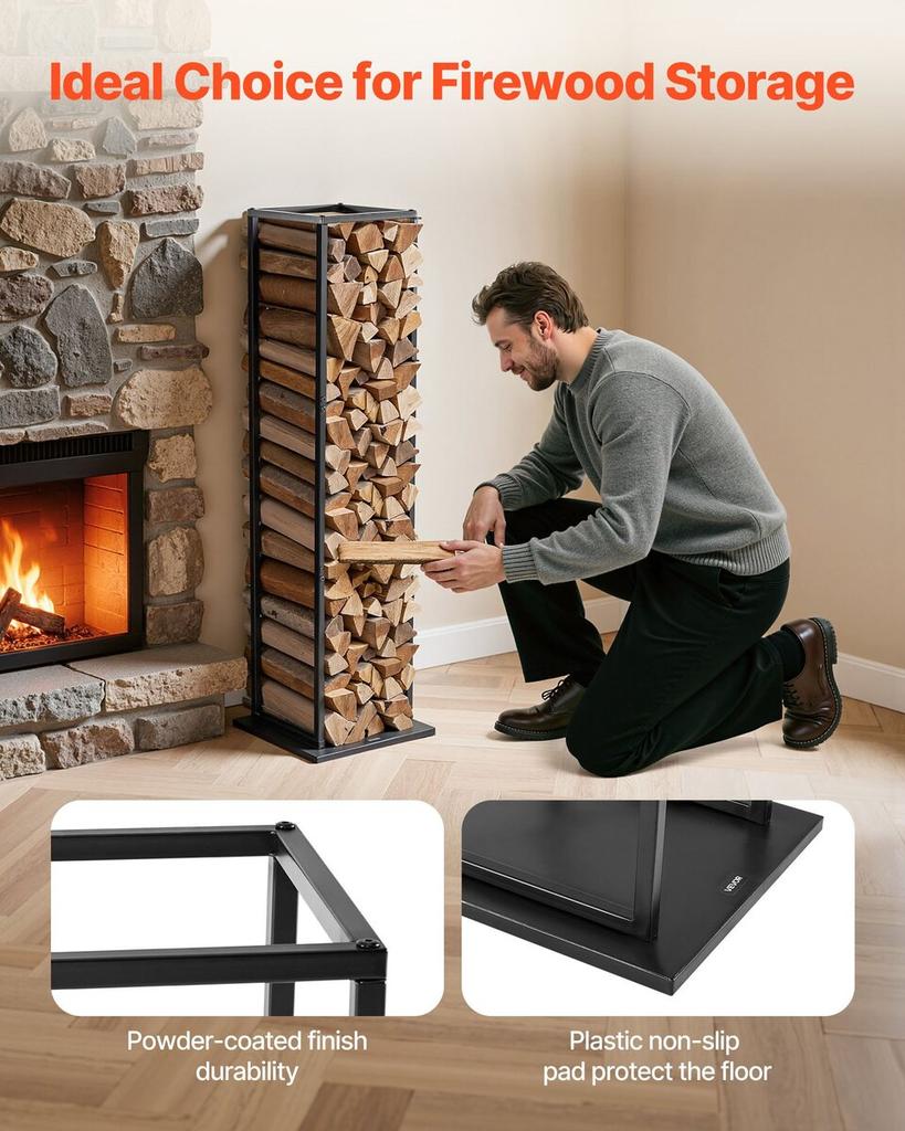 Indoor Firewood Rack, 33 × 32 × 112 Cm Log Stacker Holder, Holds Up To 45kg, Tall Wood Storage Stand, Powder-Coated Steel Firewood Holder, Heavy Duty