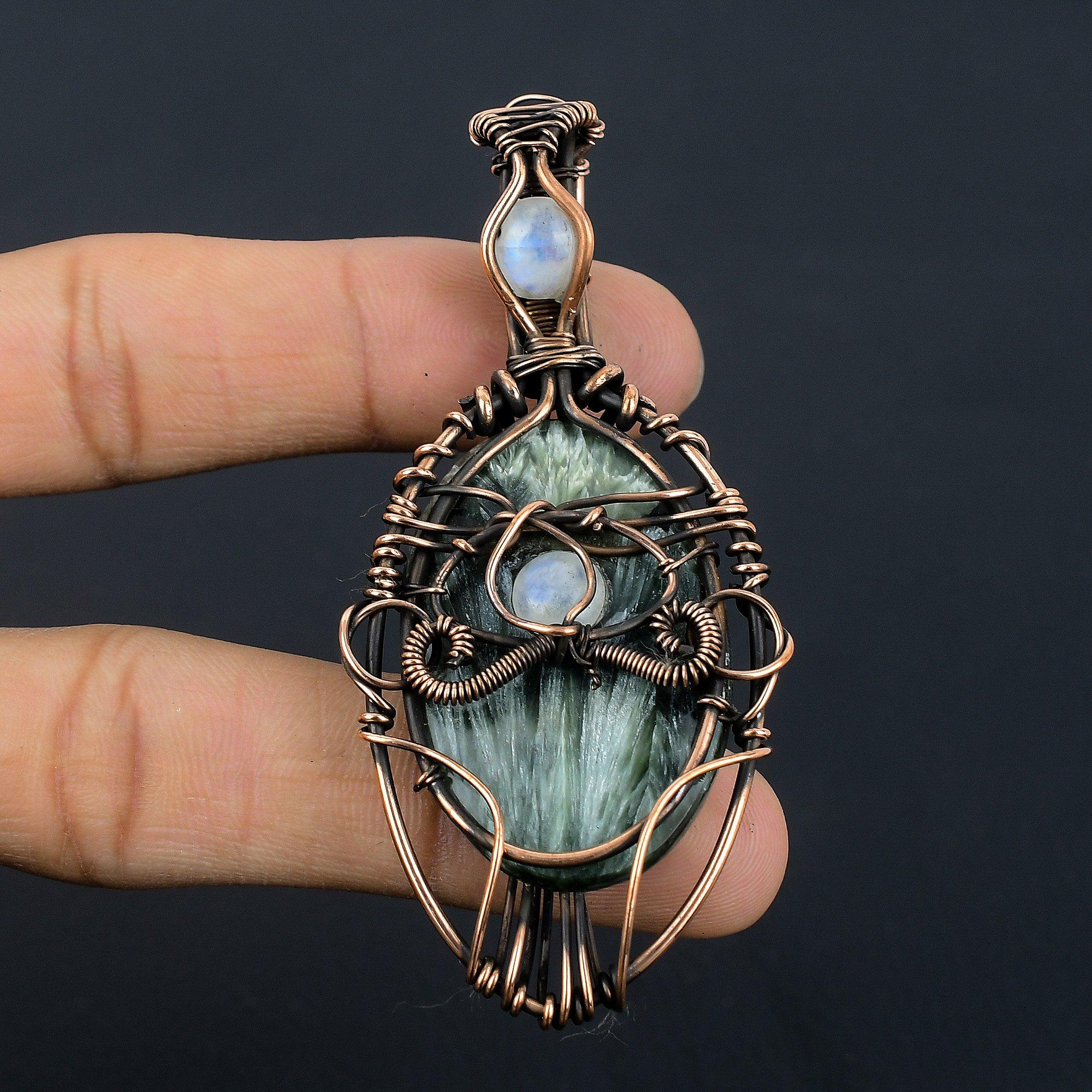 

Seraphinite & Moonstone Pendant, 999 Copper Wire Wrapped Gemstone Jewelry, Handmade Evil Eye Pendant, For Thanksgiving 2.55 Inches