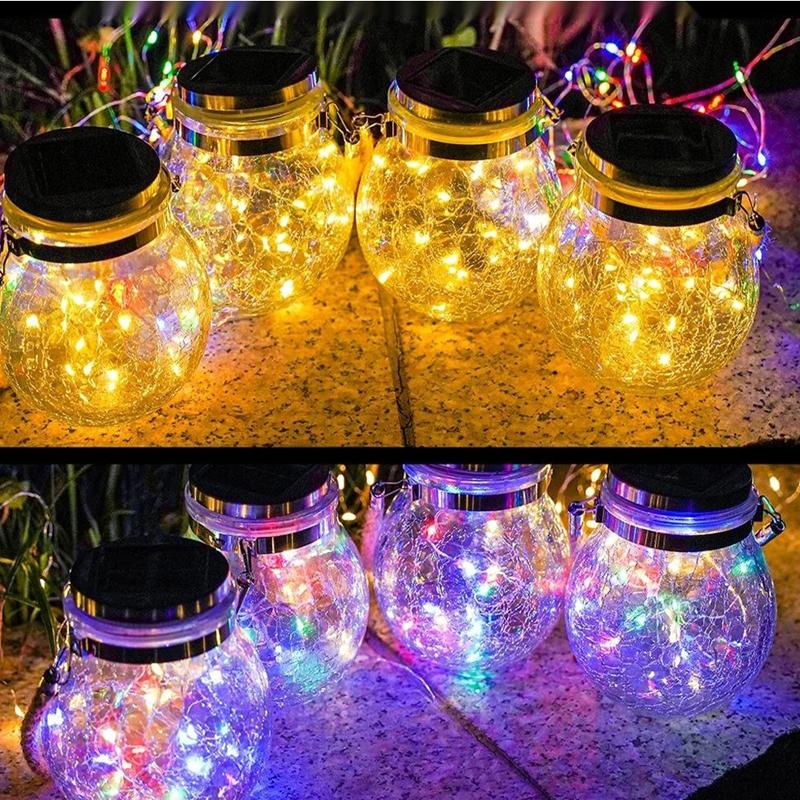 Solar Crackle Glass Jar Lights - Waterproof Warm White & Multi Color LED, Hanging Decor for Garden, Patio & Party