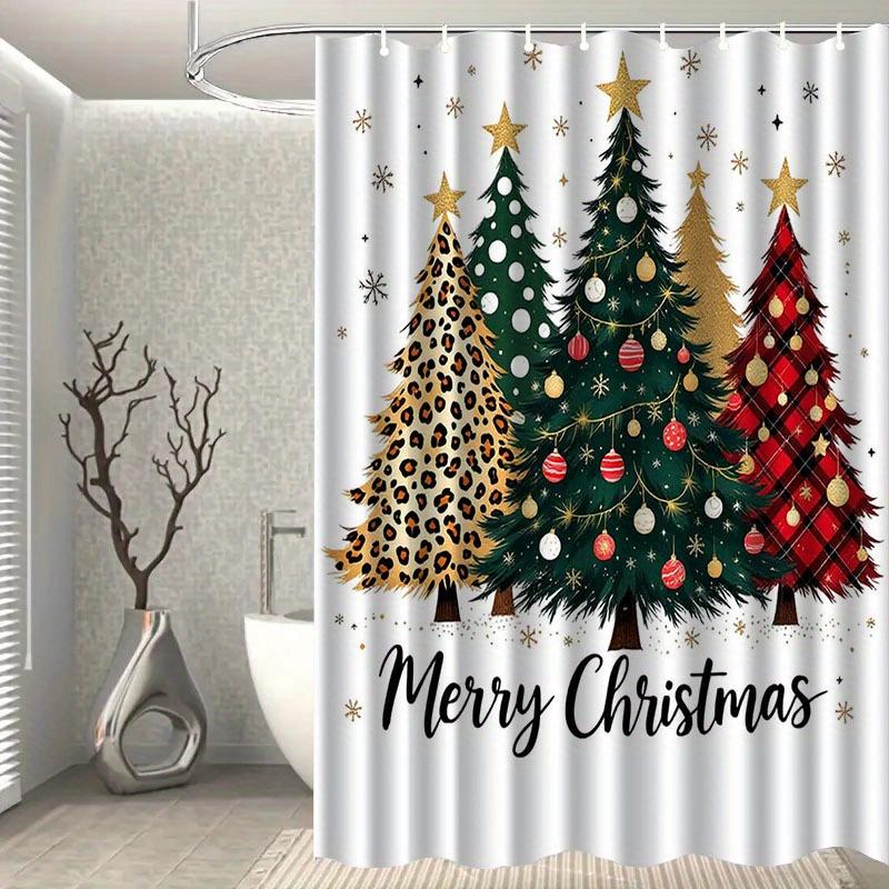 

Праздничная рождественская шторка для душа с крючками - Текст Merry Christmas, Леопардовая клетка и Дизайн золотой блестящей елки 48x72inch 120x180cm