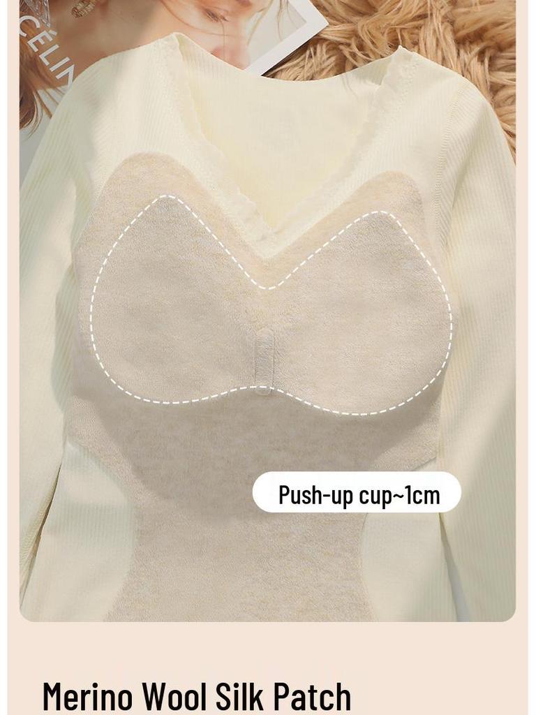 Women's Thermal Underwear Set with Padded Top, Fleece-Lined for Fall/Winter, Wool-Silk Blend