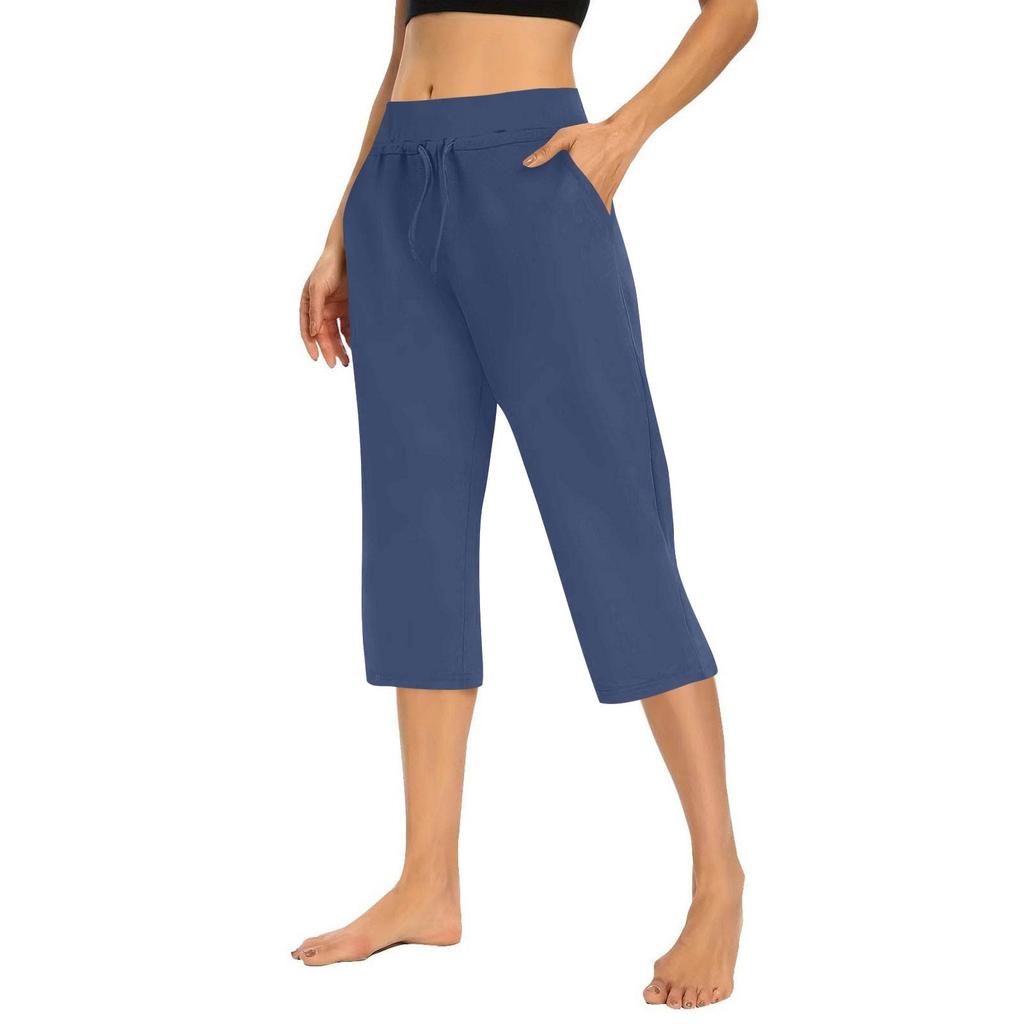 Women's Solid Color Casual Pants Elastic Waist High Waist Drawstring 3/4 Pants Athletic Casual Pants