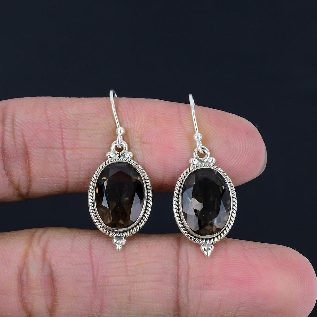 Pendientes de Gema de Cuarzo Ahumado Facetado Plata de Ley 925 Sólida Hechos a Mano Pendientes Colgantes Joyería Regalo Para Mujeres y Niñas