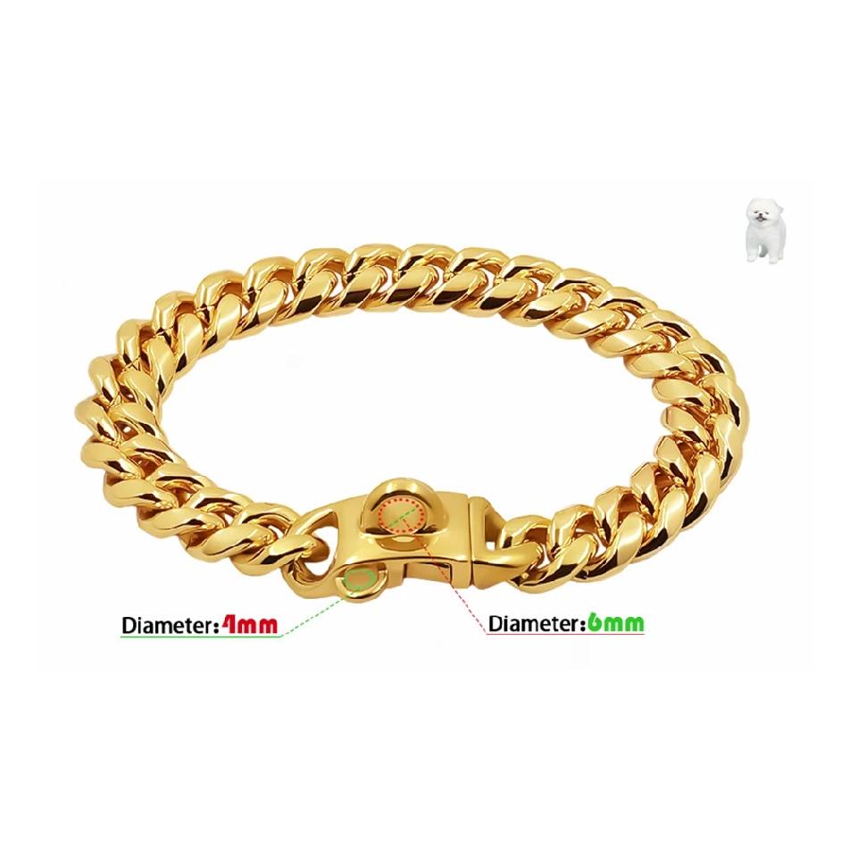 Metal Dog Collar Stainless Steel Pet Choker Gold Cuban Link Chain 14mm Wide Lead for Small Medium Large Dogs Pet Accessories