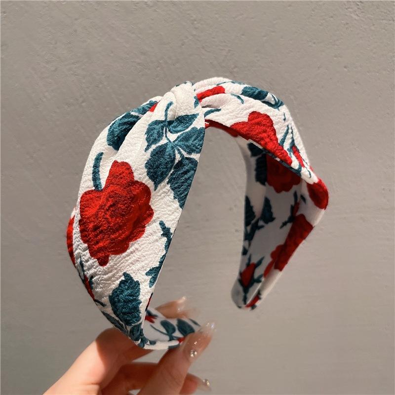 Exquisite Women Rose Print Cloth Knot Hairbands Female Party Shopping Head Hoop Wide Ladies Photography Headbands