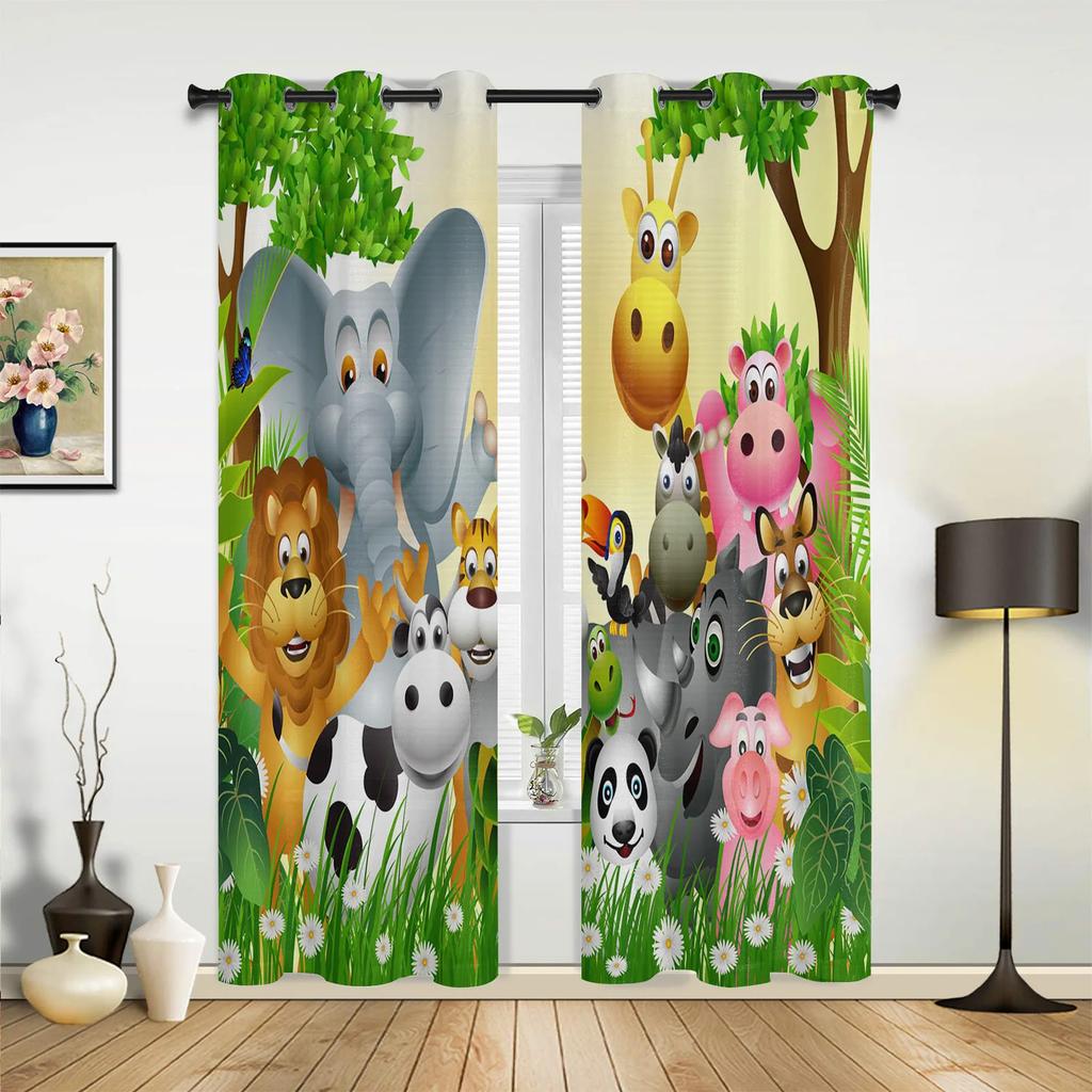 Cartoon Zoo Animals Hedgehog Fox Jungle Children Window Curtains Curtains for Bedroom Living Room Kitchen Decorative Items 2Pcs