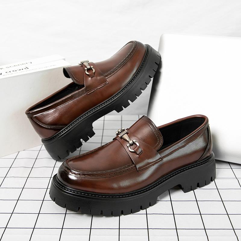 2025 New Thick-soled Heightening Men's Big-headed Leather Shoes Patent Leather Glossy Casual Thick-heeled Loafers Hairstylist Trendy Shoes