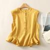 Yellow Stand Collar Sleeveless Ruffle Hem Linen Blouse for Women Casual Wear