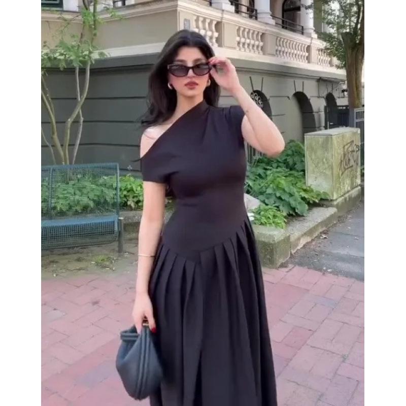 Summer Asymmetrical Neck Short Sleeve Dress with Ruched Design for Women