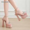 Ladies Pink Heels Fashion Chunky High Heel Platform Sandals Square Toe PVC Bowknot Crystal Ankle Strap Women's Dress Shoes 35-42