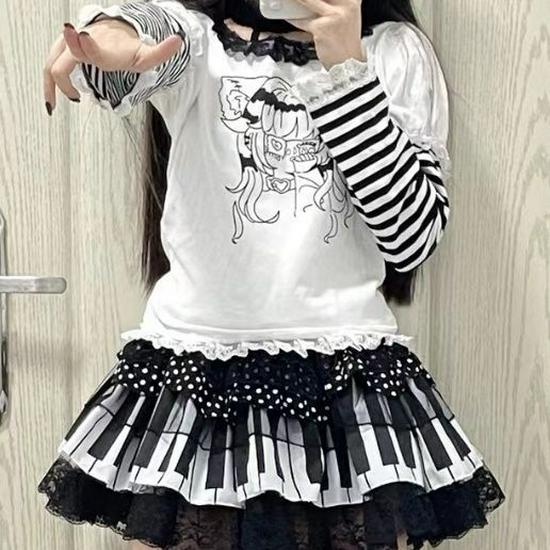 Japanese Spicy Punk Y2K Black & White Polka Dot Lace Mini Skirt