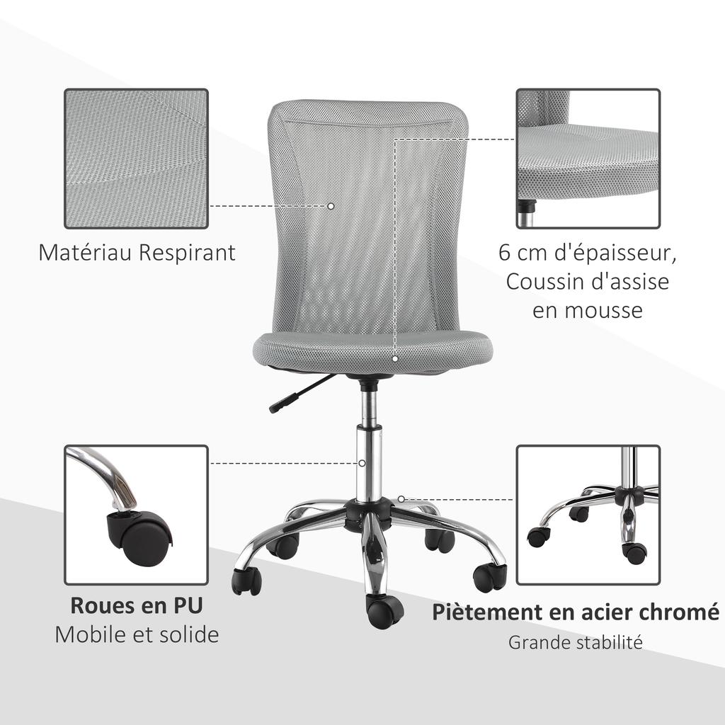 Office Chair, Armless Desk Chair, Adjustable Computer Swivel Chair with Rolling Wheels and Mesh Back for Home Work Study, Grey