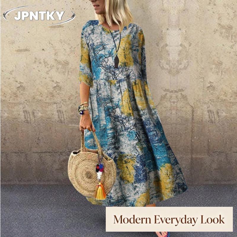 JPNTKY Fashion Summer Spring O-Neck Long Sleeve Casual Dresses