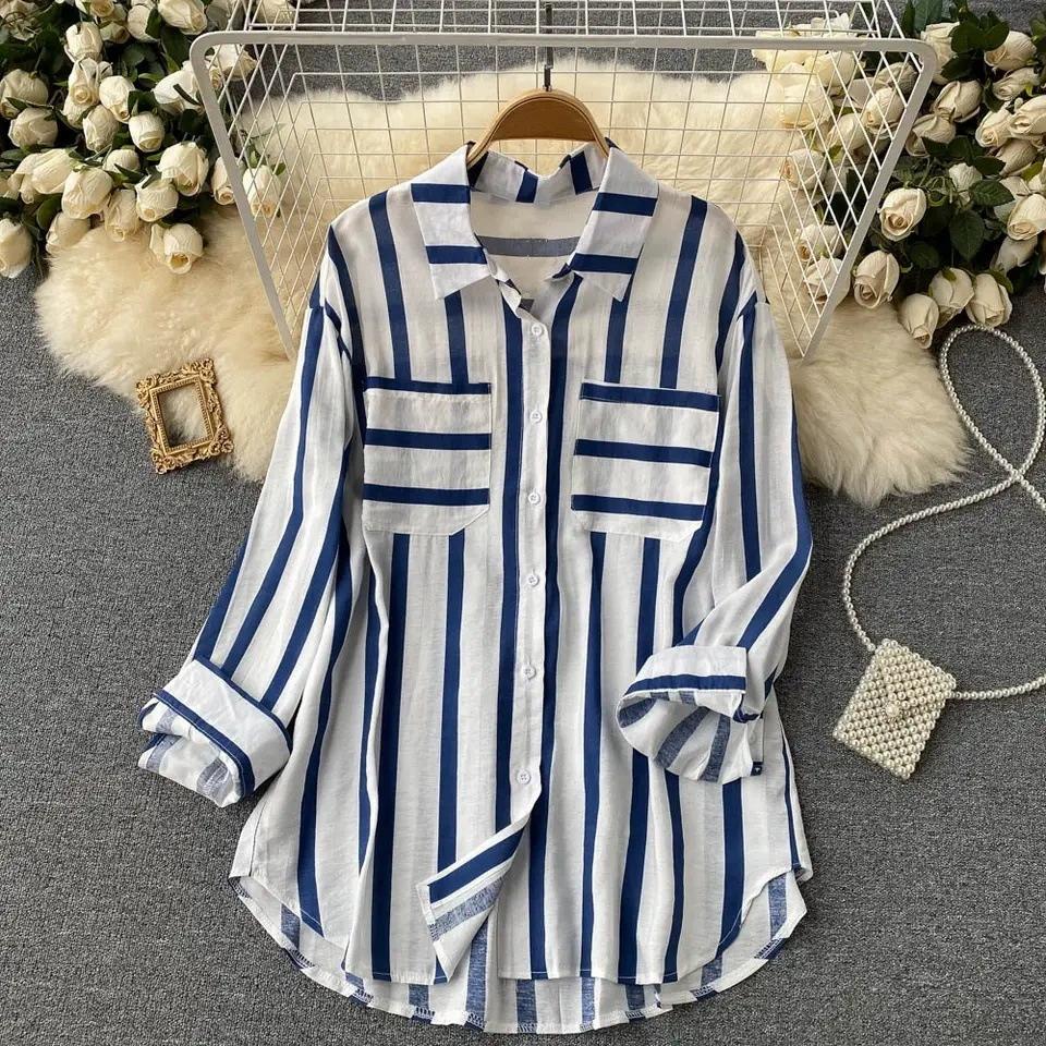 Summer, Spring, Autumn Mid Length Vertical Striped Multi-color Shirt Jacket for Women, Korean Casual Loose Top