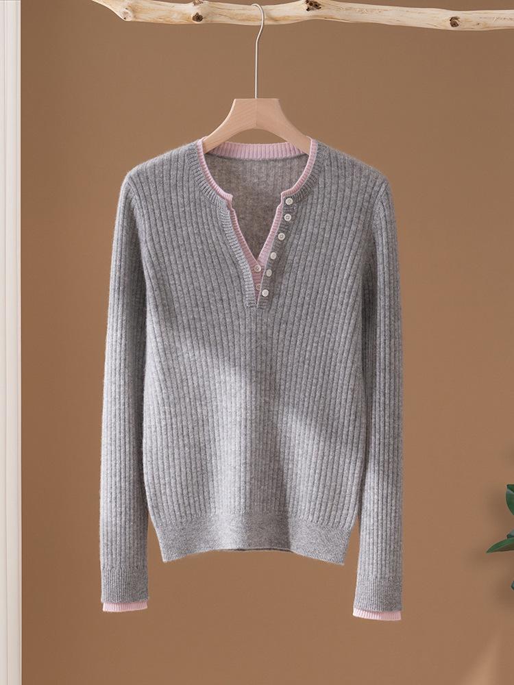 Women's 2026 Autumn/Winter V-Neck Faux Two-Piece 100% Pure Cashmere Sweater - Fashionable Button-Up Base Layer