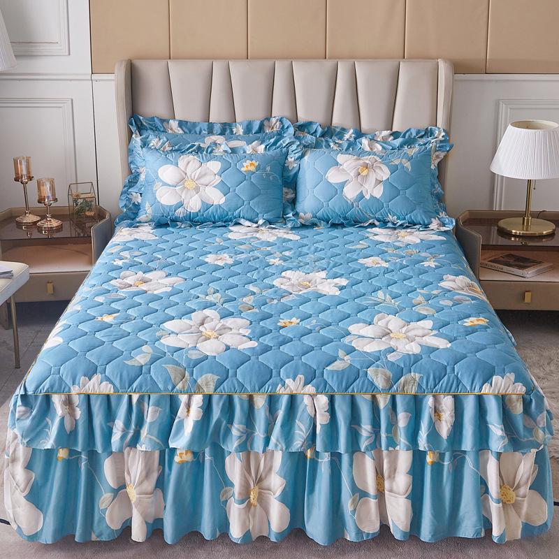 Fustă de pat prințesă matlasată cu dantelă în stil coreean – Cuvertură de pat groasă, din mătase periată, rezistentă la praf