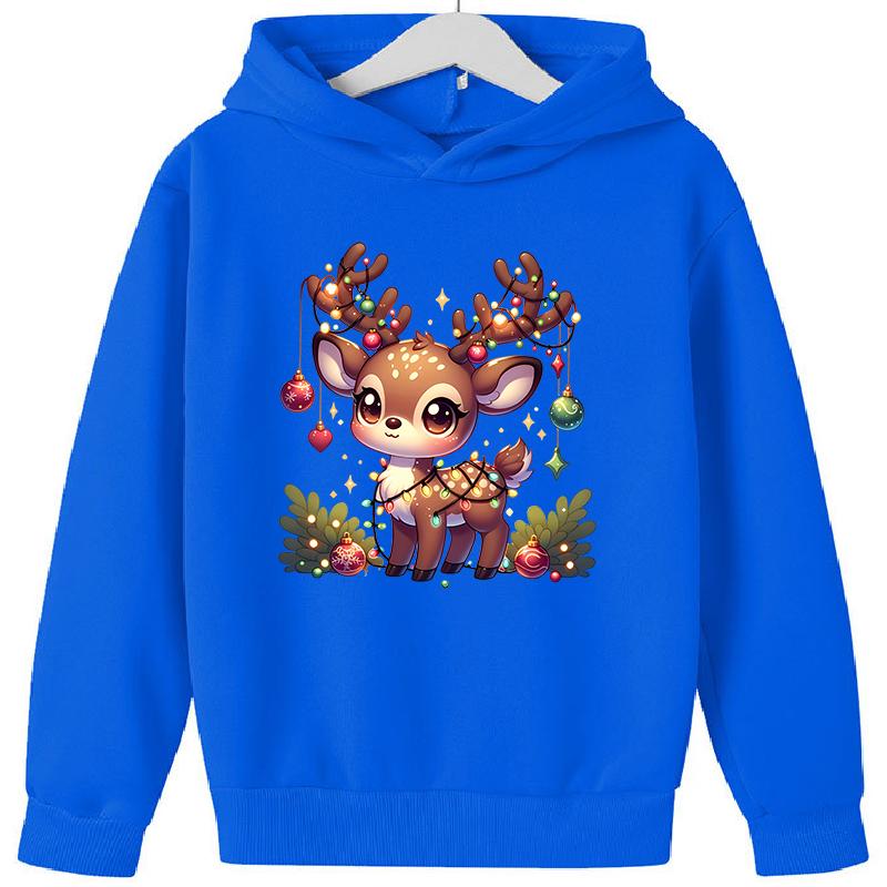 2025 Popular Christmas Casual Round Neck Reindeer Print Children's Hoodie, Long Sleeved Girls' Sportswear, Comfortable and Versatile Top