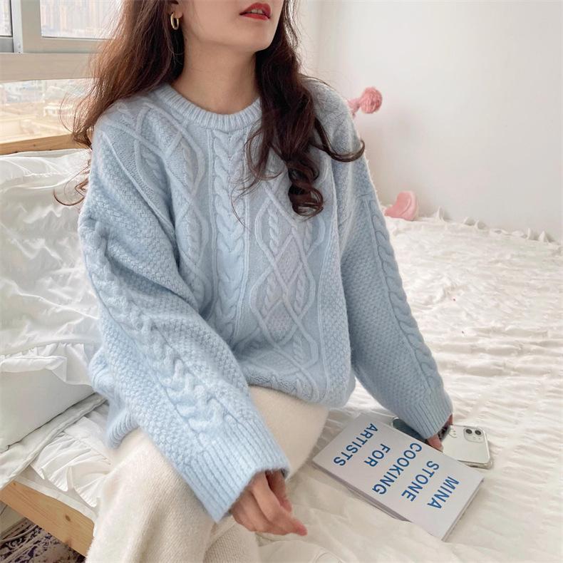 Solid color twist sweet and gentle round neck pullover sweater women's autumn and winter new fashion age-reducing knitted sweater top
