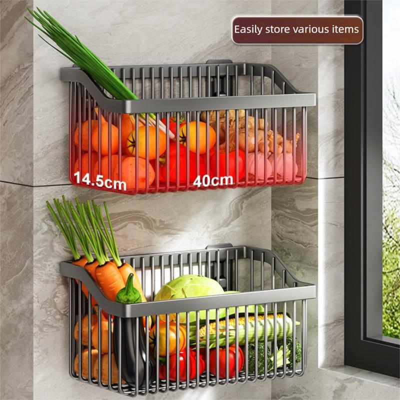 No-Drill Multifunctional Wall-Mounted Spice Rack Kitchen Storage Organizer Salt Seasoning Jar Vegetable Basket Rack