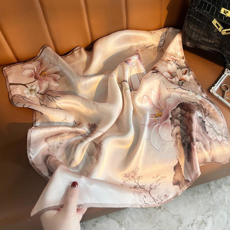 Spring new plain crepe satin silk scarf women's mulberry silk cherry blossom printing silk scarf versatile small square scarf