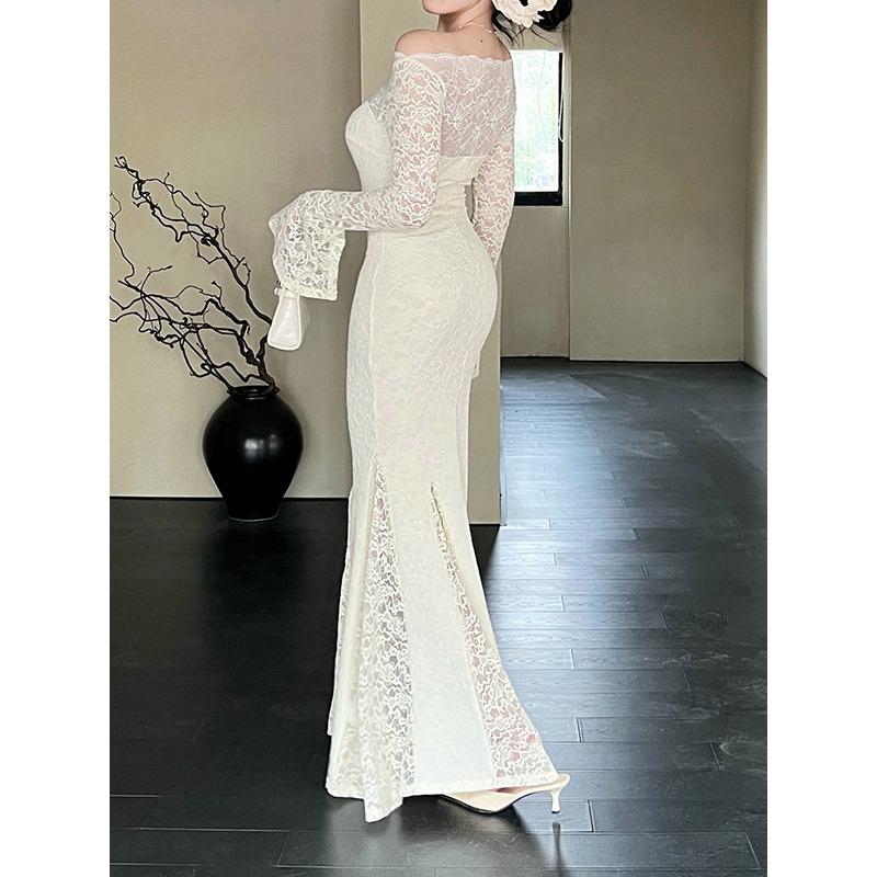 Ilya One-word Shoulder Lace Dress Women, French Long-sleeved Slim-fit High-end Temperament Dress Women