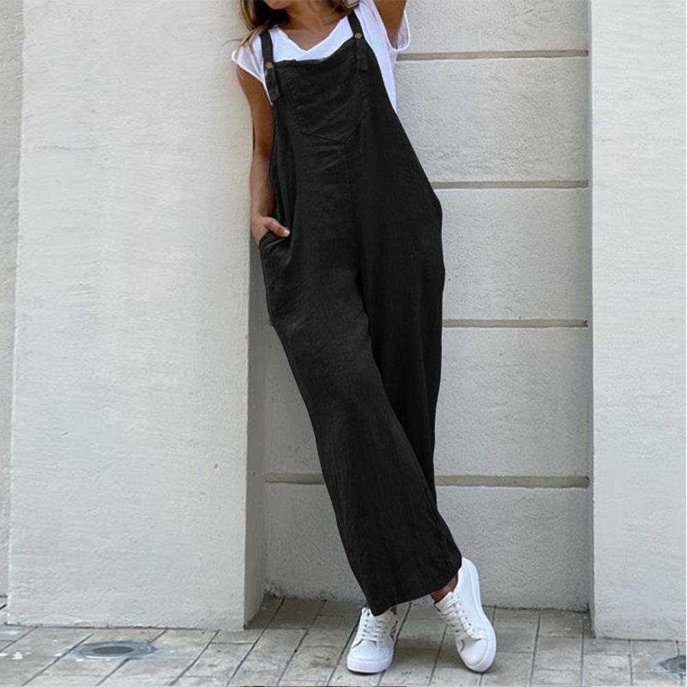 Summer Solid Color Jumpsuit Women Wide Leg Pants Adjustable Strap Pocket Loose Cotton Linen Overalls