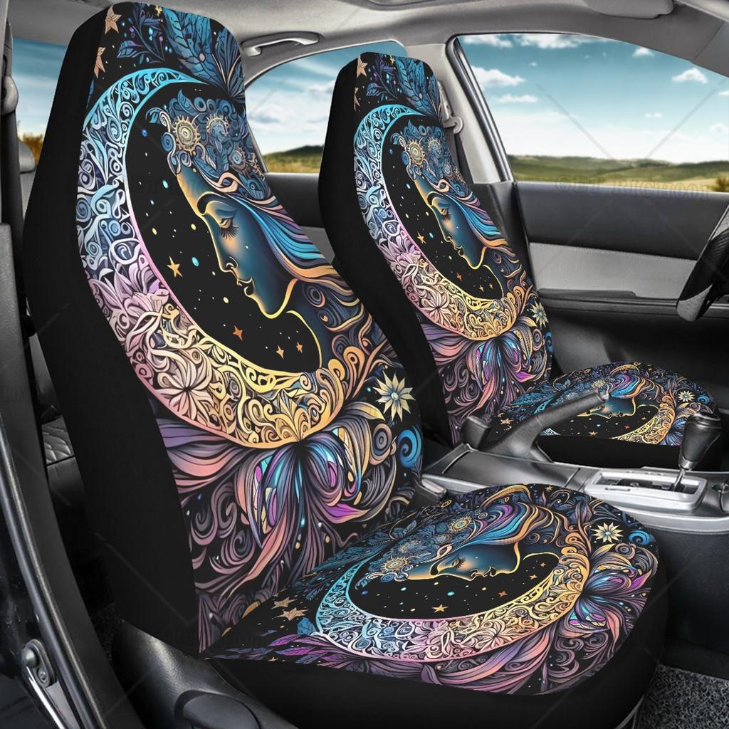 2-teilige Boho-Kunst Stern Mond Autositzbezüge für Männer und Frauen, waschbare Vordersitzschoner für SUVs