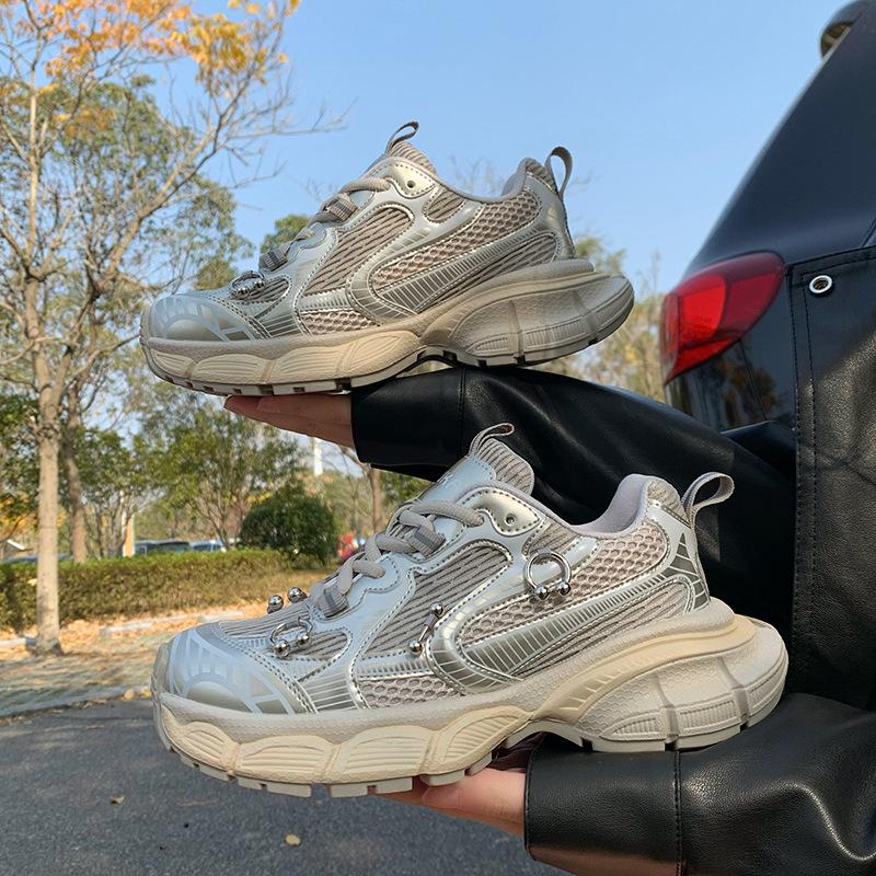 Leather dad shoes women's 2025 spring new thick-soled versatile breathable polish outdoor casual sports shoes running shoes tide