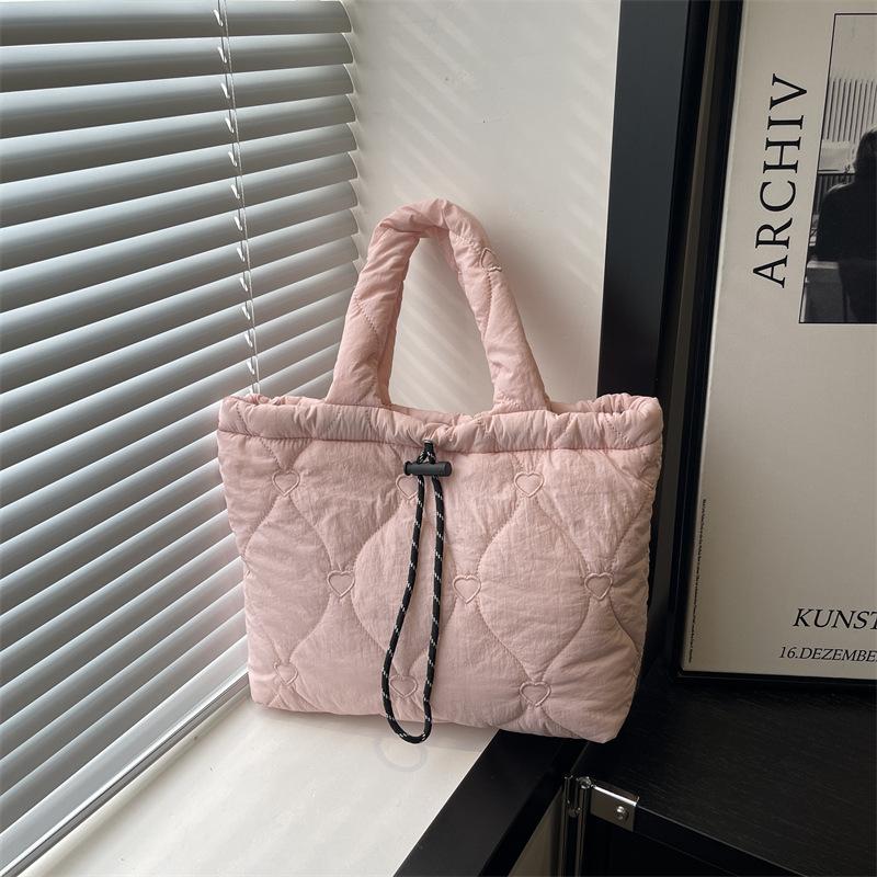 

Lightweight Embroidery Shoulder Bags for Women Drawstring Design Large Capacity Ladies Casual Tote Simple Female Handbags рожевий
