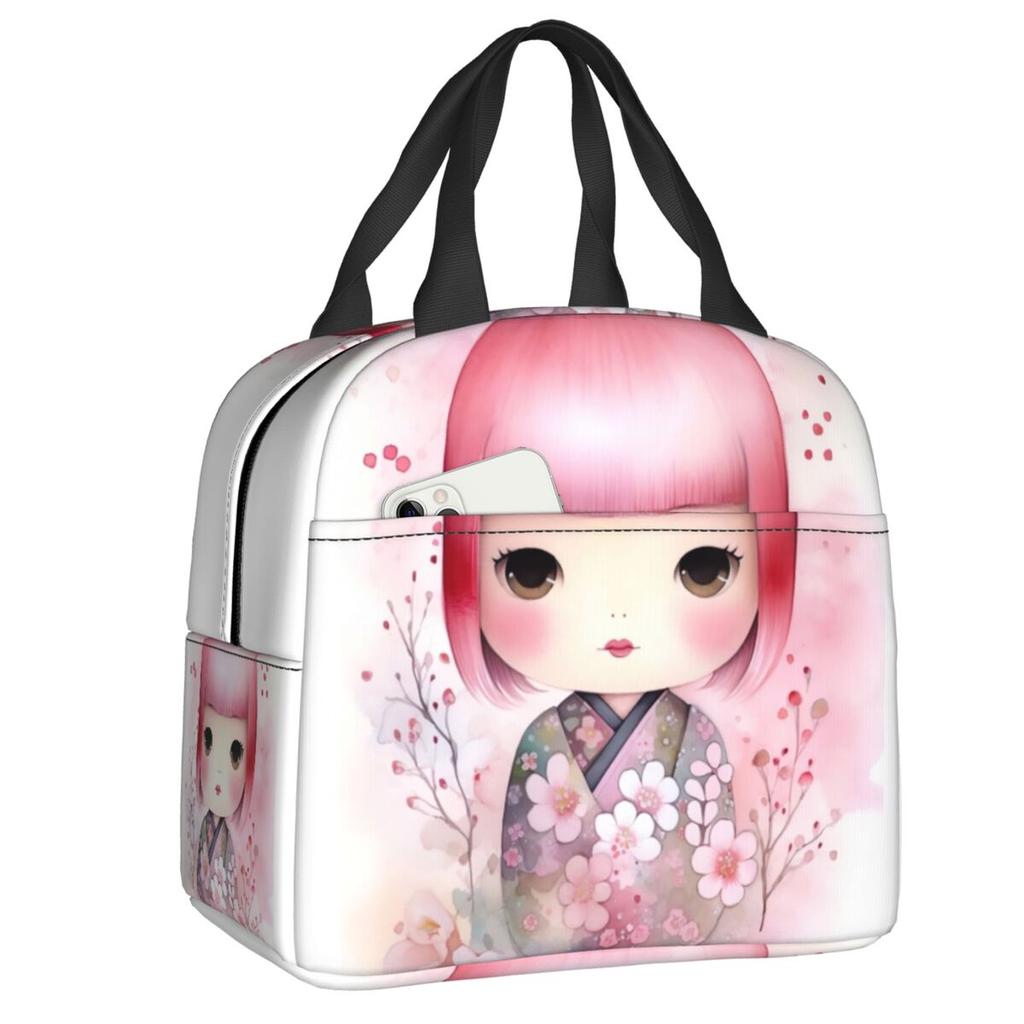 Custom Japanese Girl Sakura Kokeshi Doll Lunch Bag Men Women Warm Cooler Insulated Lunch Box for Kids School Children