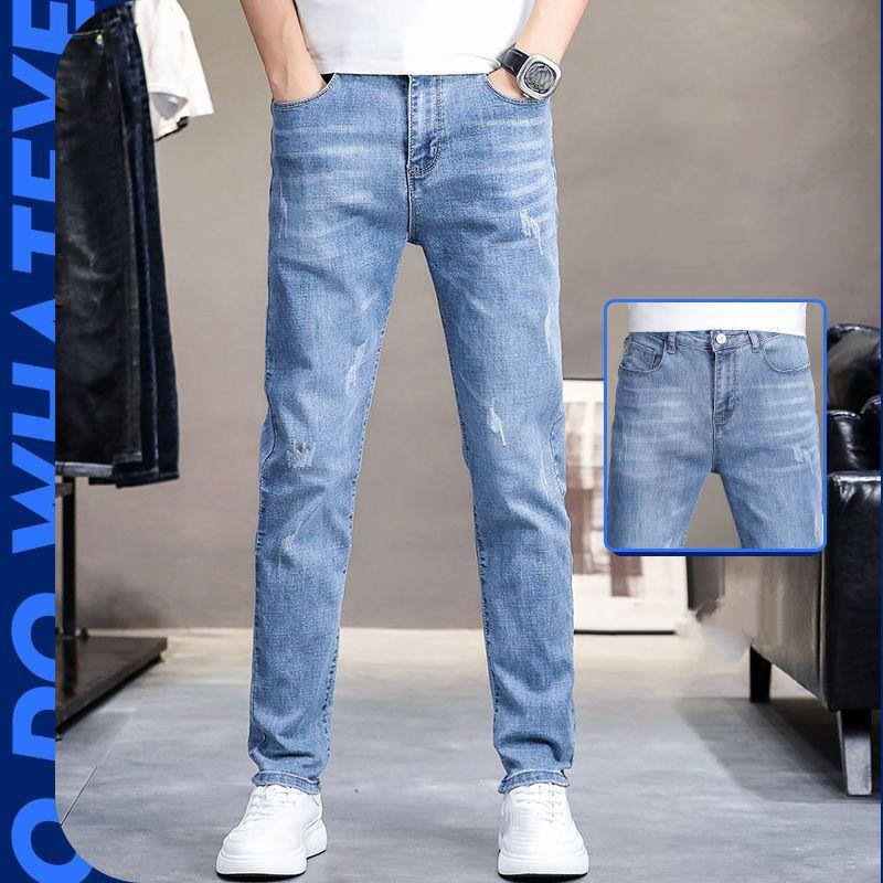 Velká velikost 2024 Džíny Pánské Slim Straight Korejský styl Trendy Strečové Světlá barva Ležérní kalhoty Letní Tenký styl