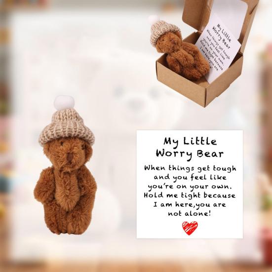 Mini Plush Bear Doll My Little Worry Bear Handmade Gift with Inspirational Card Pocket Bears Hug Plush for Graduation Colleagues & Motivational