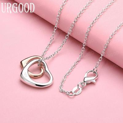 925 Sterling Silver Charm Double Heart Pendant Necklace Wedding Jewelry